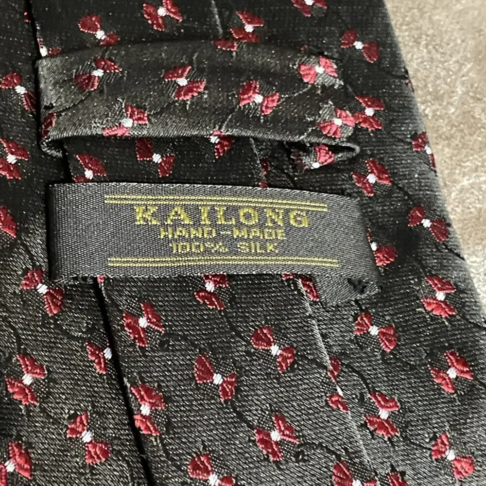 Kai Long Tie 100% Silk Black/red Bow Pattern Handmade